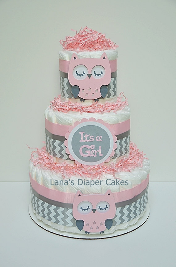 Gray and Pink Owl Baby Shower Cakes