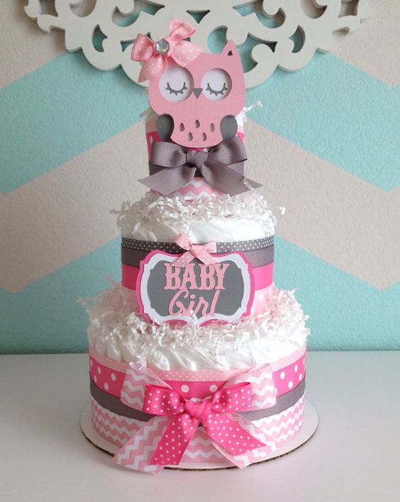 Gray and Pink Owl Baby Shower Cakes