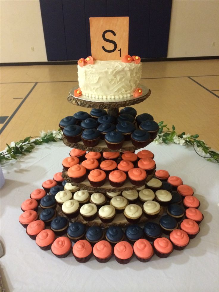 Navy and Coral Cupcake Wedding Cake
