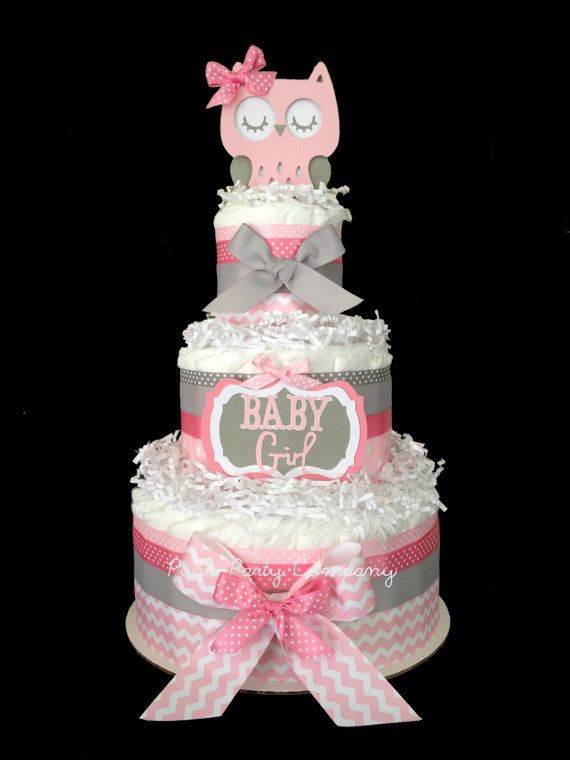 Pink and Gray Chevron Owl Diaper Cake