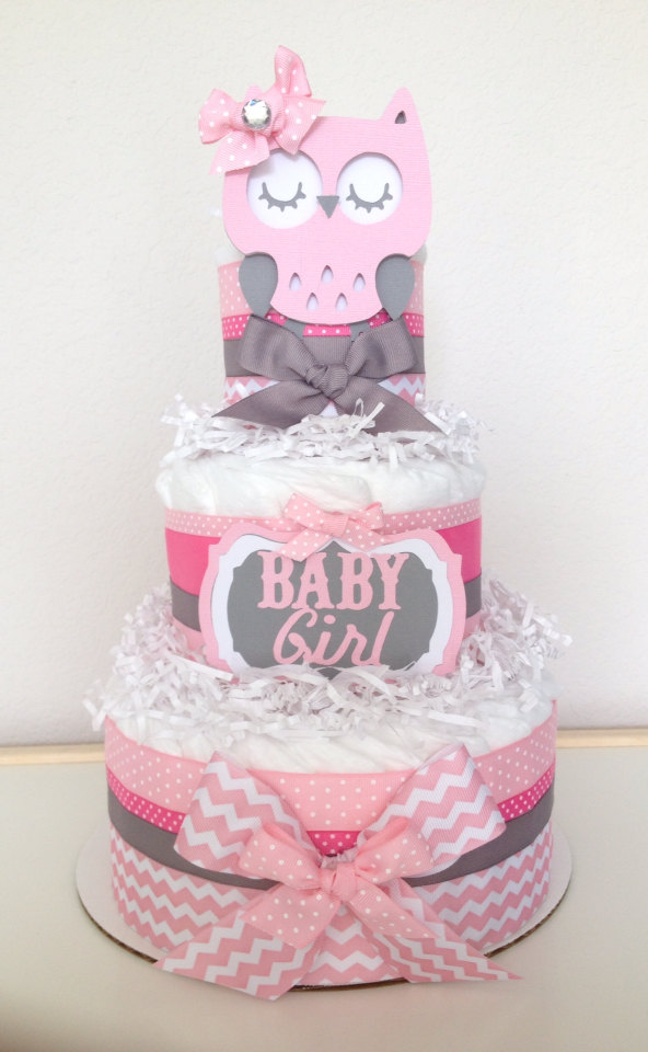 Pink and Gray Chevron Owl Diaper Cake