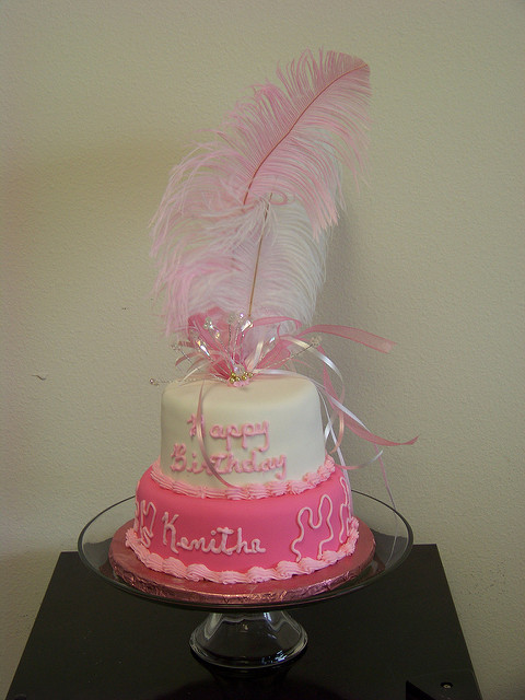 Pink and White Cake with Feathers
