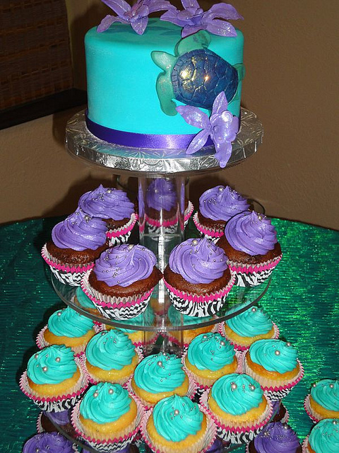 Purple and Teal Cupcake Wedding Cake