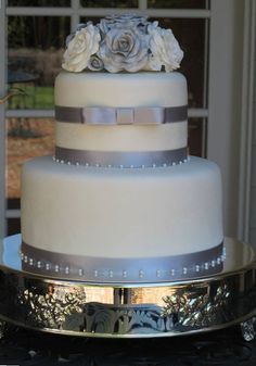 Silver and White Roses Wedding Cake