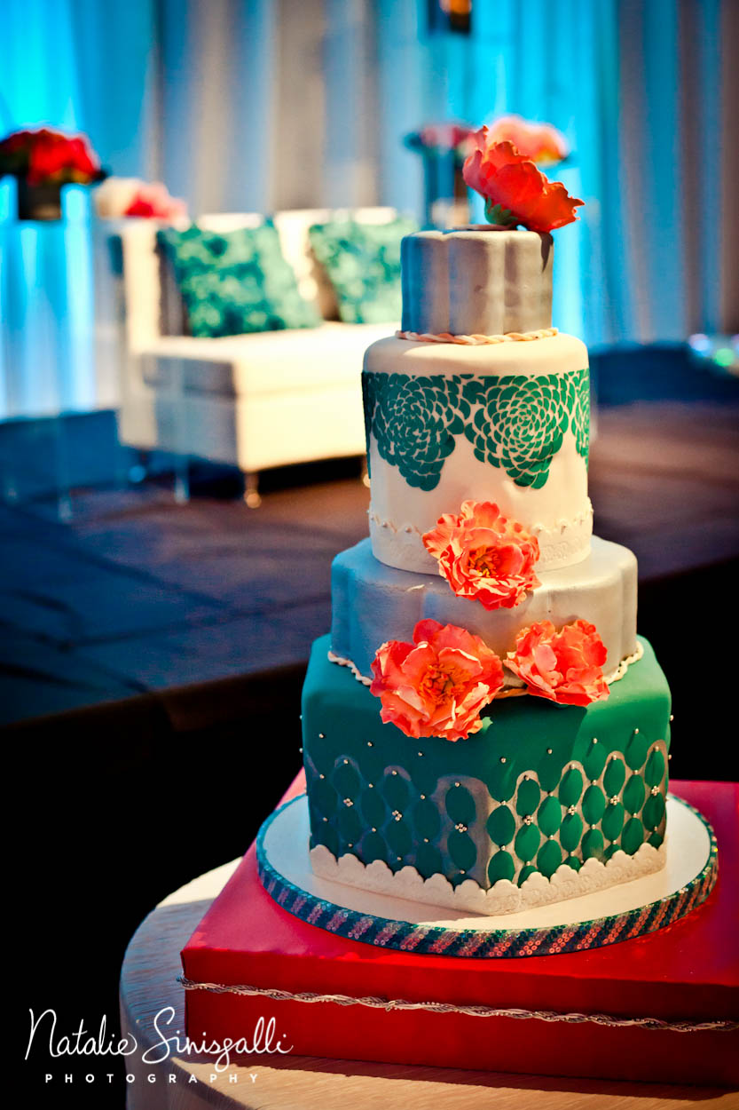 Teal and Coral Wedding Cake