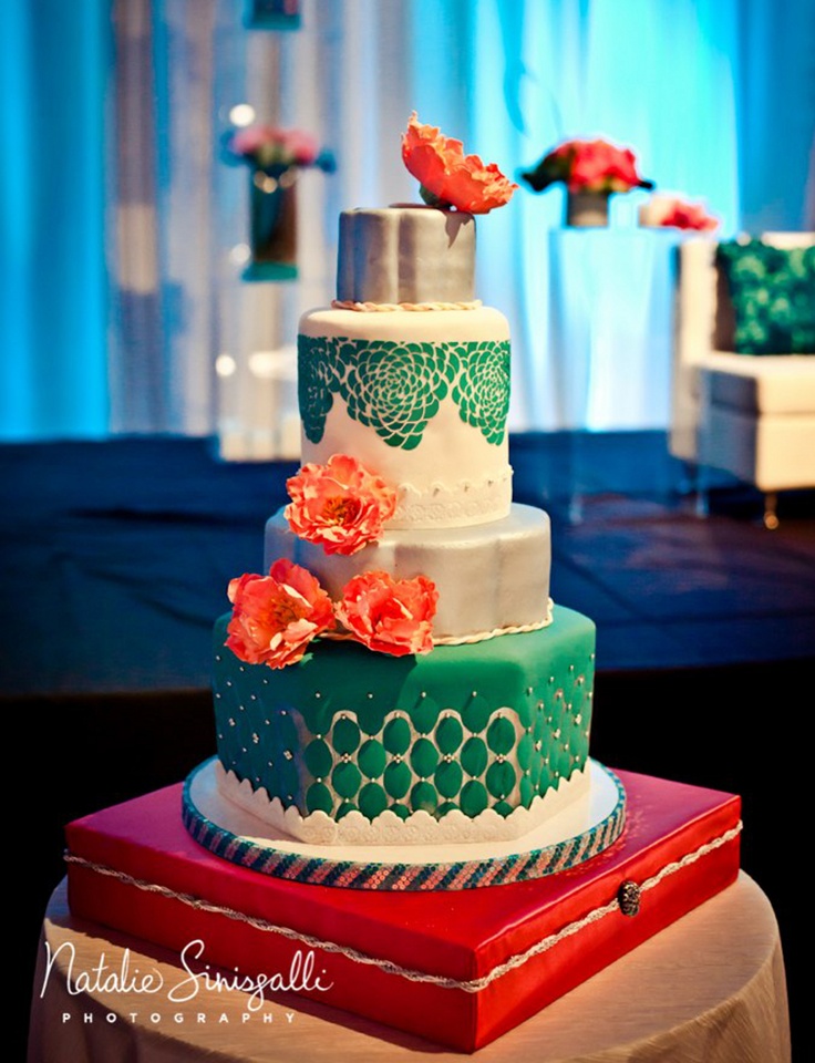 Teal and Coral Wedding Cake