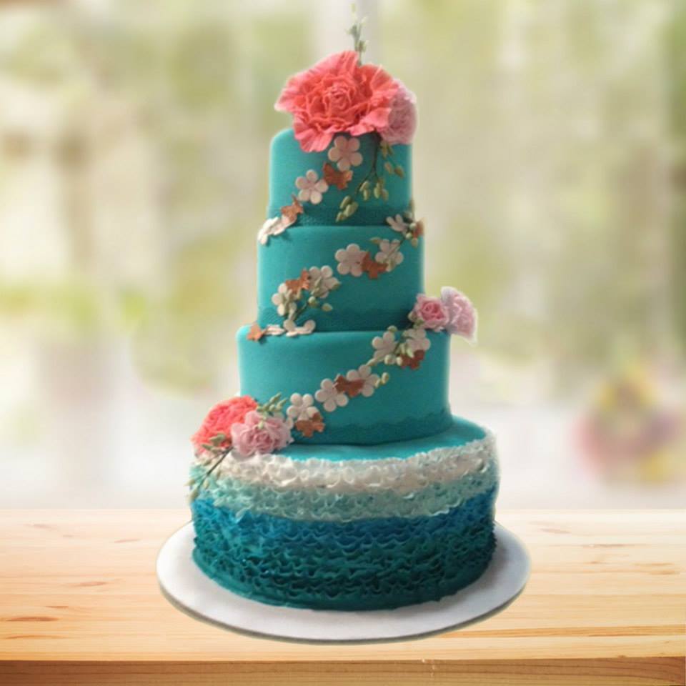 Teal and Coral Wedding Cake