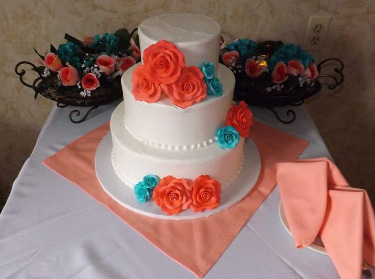 Teal and Coral Wedding Cake