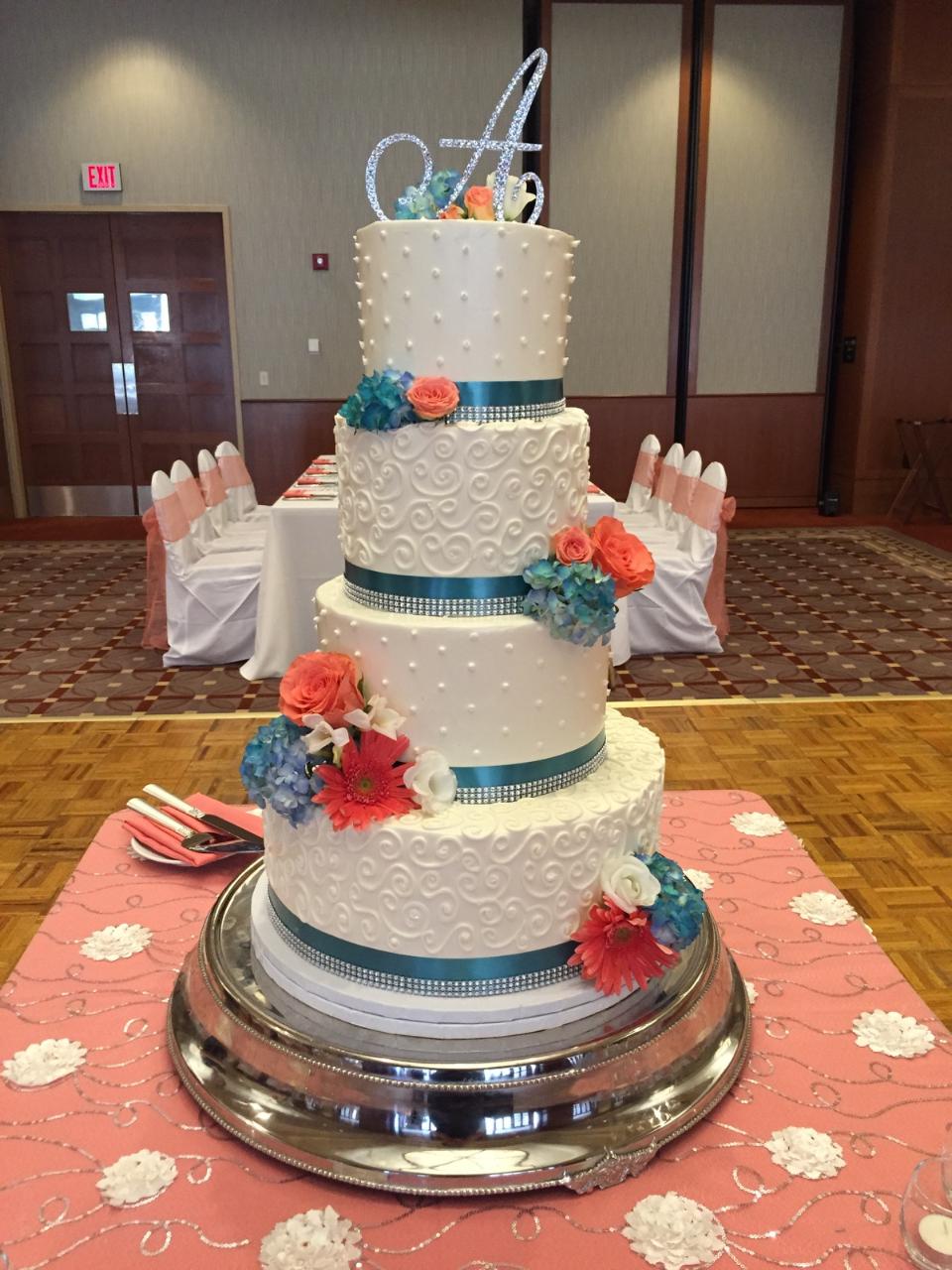 Teal and Coral Wedding Cake