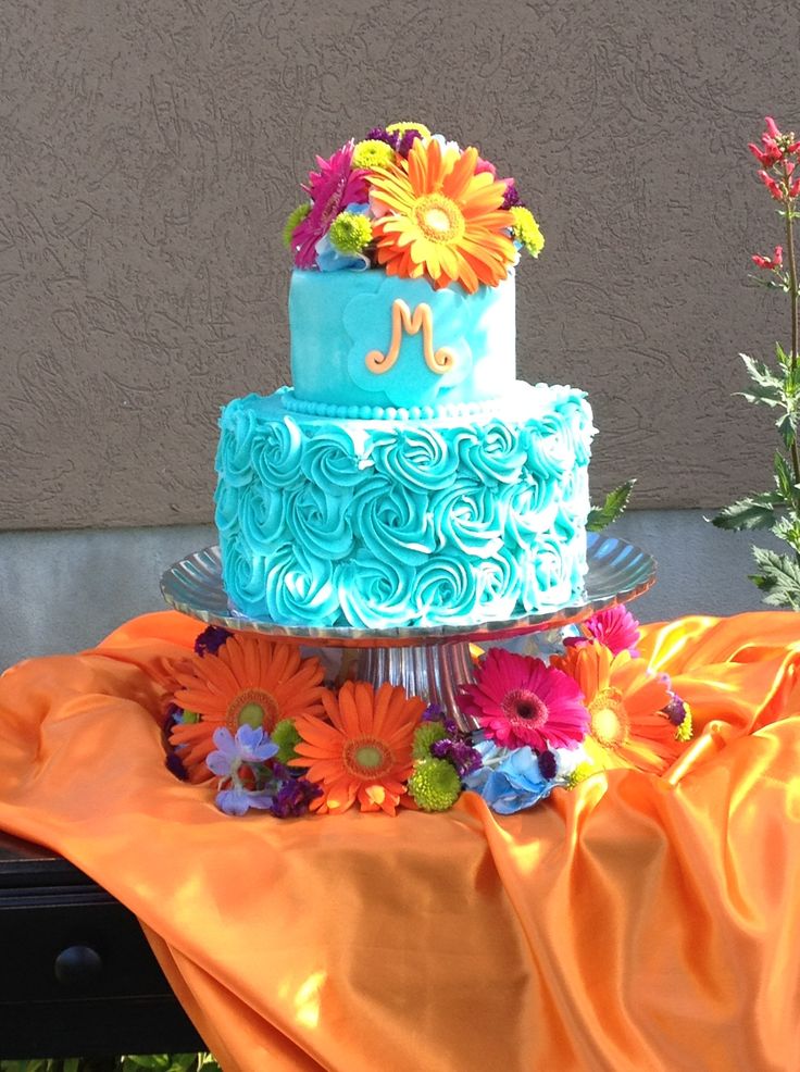 Teal and Coral Wedding Cake