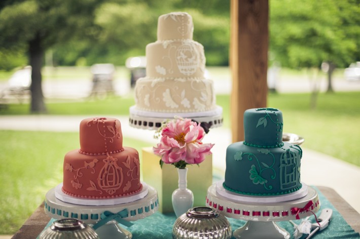 Teal and Coral Wedding Cake