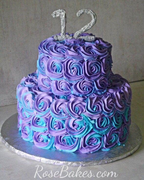 Teal and Purple Roses Birthday Cake