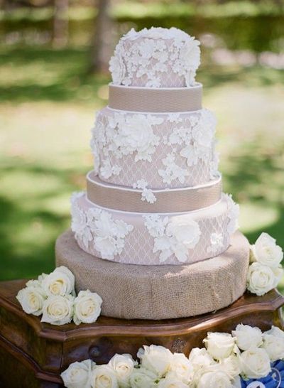 Wedding Cake with Burlap and Lace Wedding Cake with Burlap and Lace