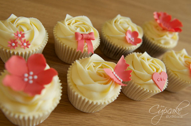 White and Coral Wedding Cupcakes