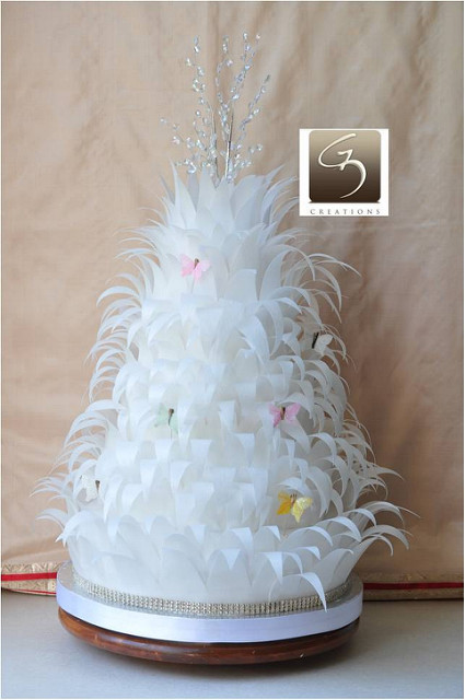 White Wedding Cake with Feathers