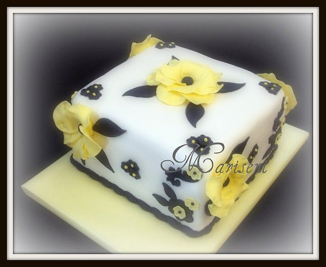 Yellow Black and White Birthday Cake