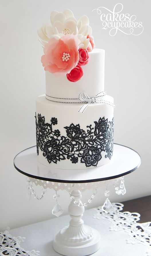 Black and White Wedding Cake with Flowers
