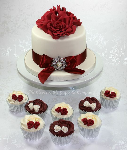 Burgundy Wedding Cake and Cupcakes