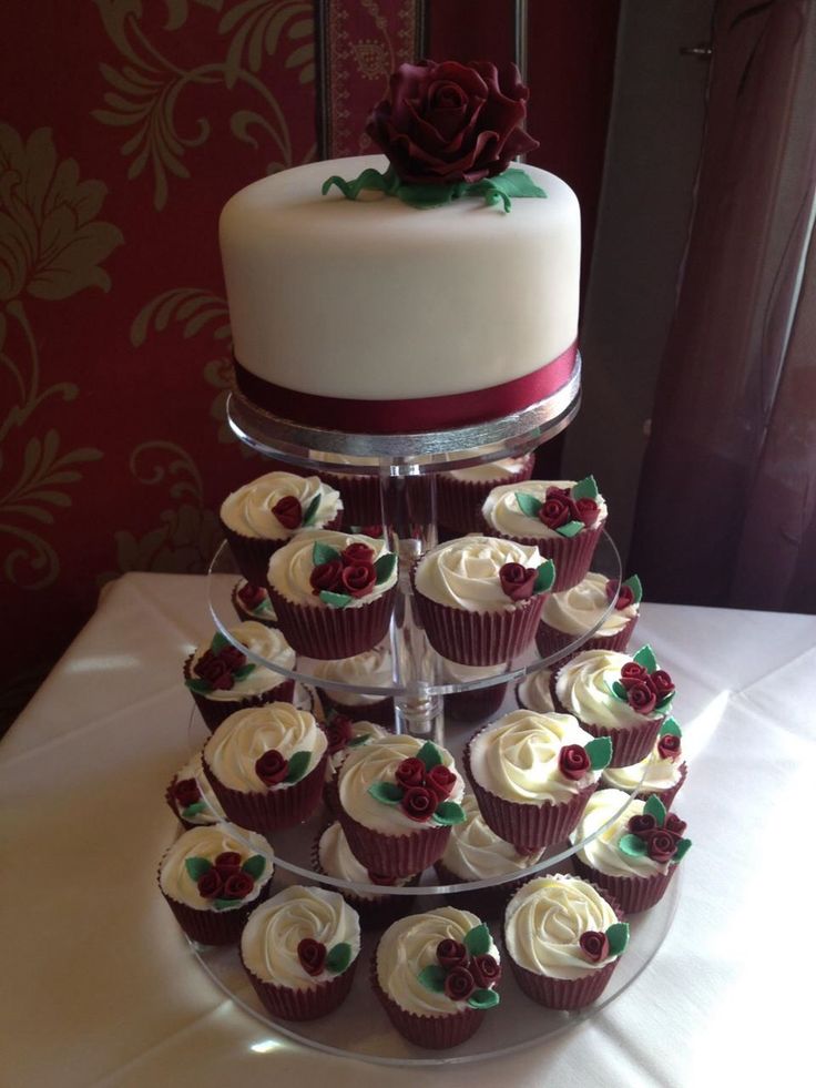 Burgundy Wedding Cake and Cupcakes