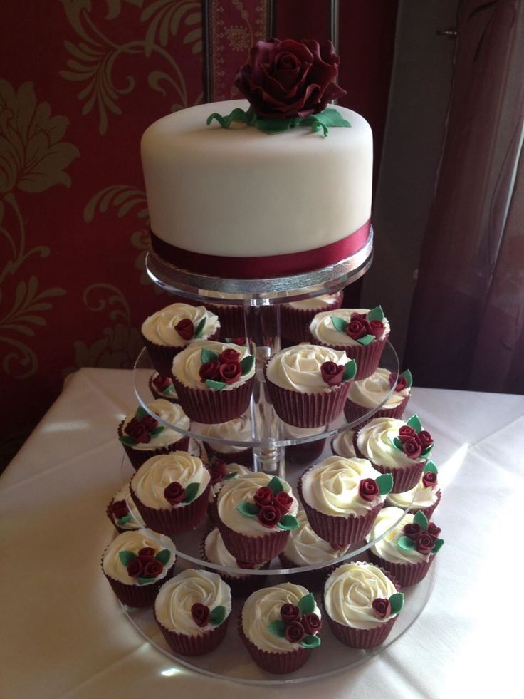 Burgundy Wedding Cake and Cupcakes Burgundy Wedding Cake and Cupcakes