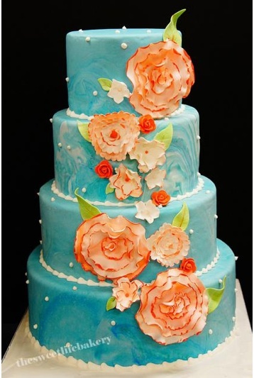 Teal and Coral Wedding Cake