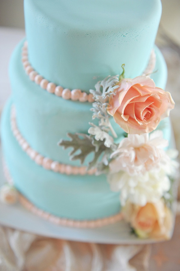 Tiffany Blue and Peach Wedding Cake