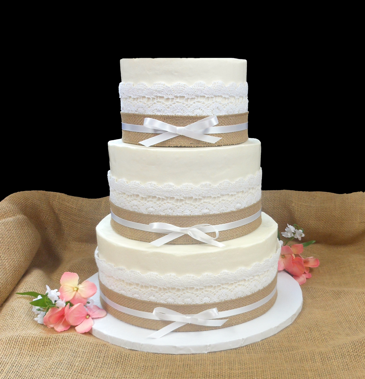 Wedding Cake with Burlap and Lace Wedding Cake with Burlap and Lace