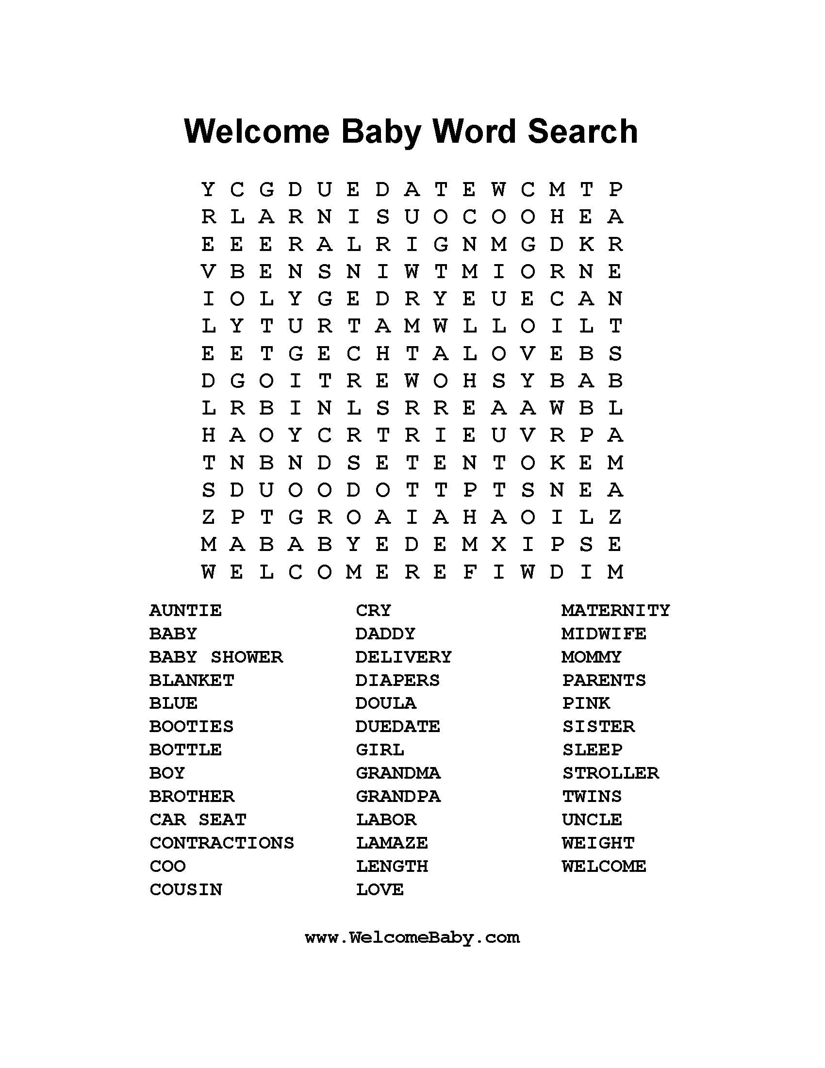 Baby Shower Word Search Puzzles Printable