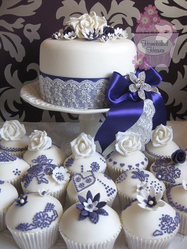 Royal Blue Wedding Cake and Cupcakes