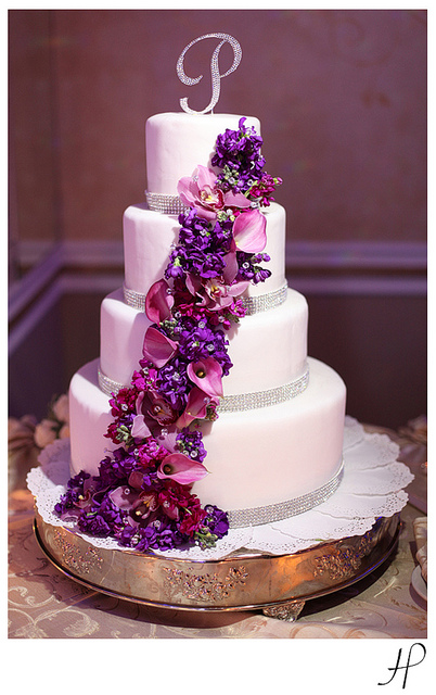Wedding Cake with Purple Flowers