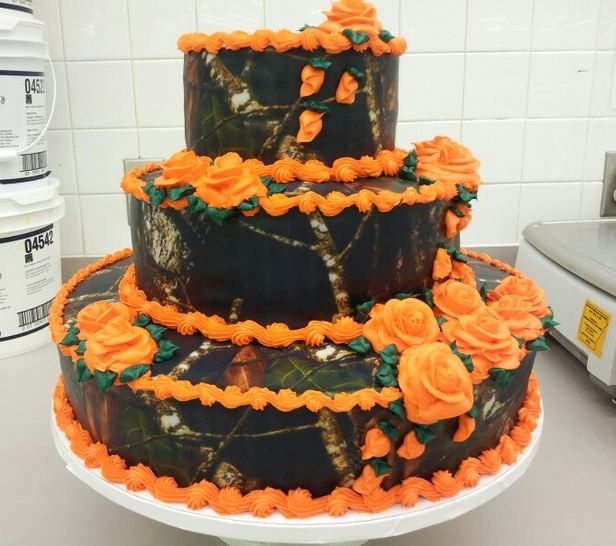 Camo and Orange Wedding Cake