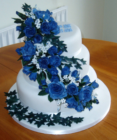 3 Tier Wedding Cake with Blue Roses