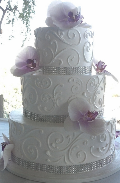 Bling Wedding Cake with Purple Flowers