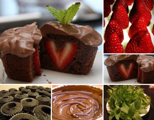 Chocolate Cupcakes with Strawberries Inside