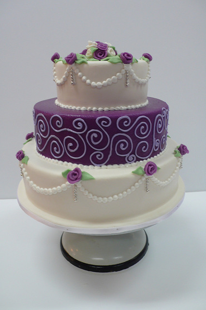 Purple White Wedding Cake with Roses