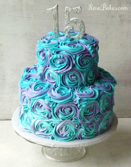 Teal and Purple Roses Birthday Cake