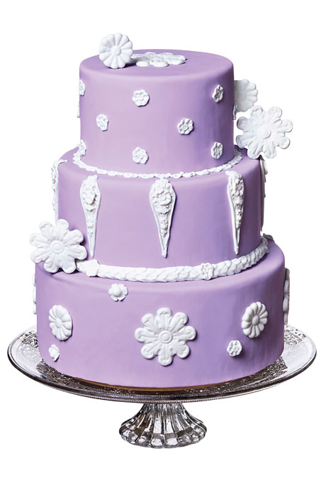 White Wedding Cake with Purple Flowers