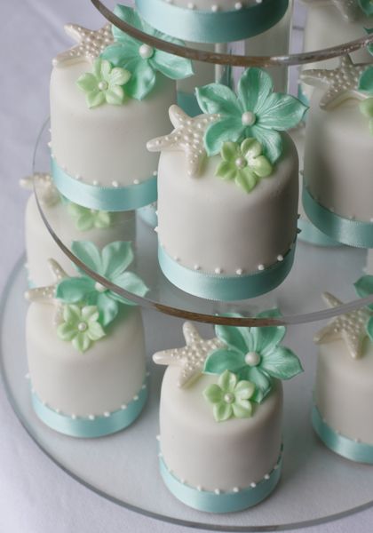 Aqua Starfish Beach Wedding Cake with Cupcakes