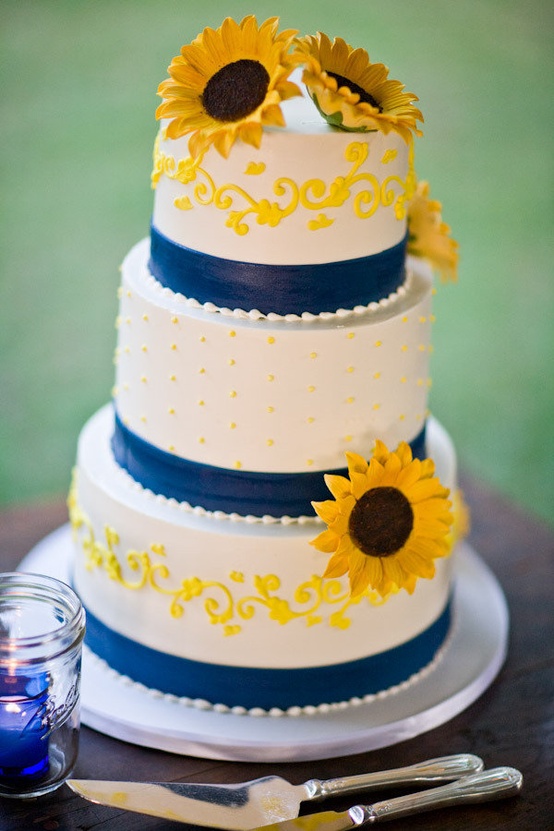Blue and Sunflower Wedding Cake