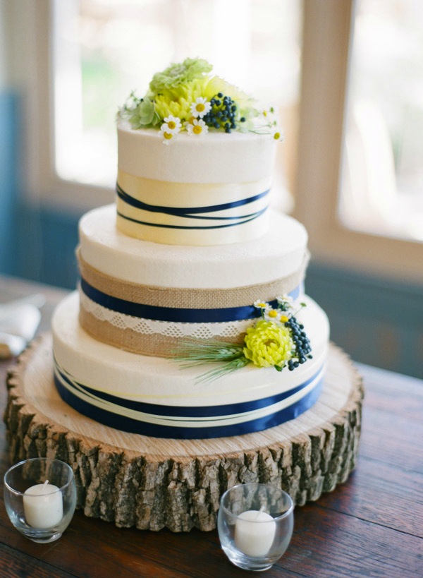 Blue and Yellow Rustic Wedding Cake