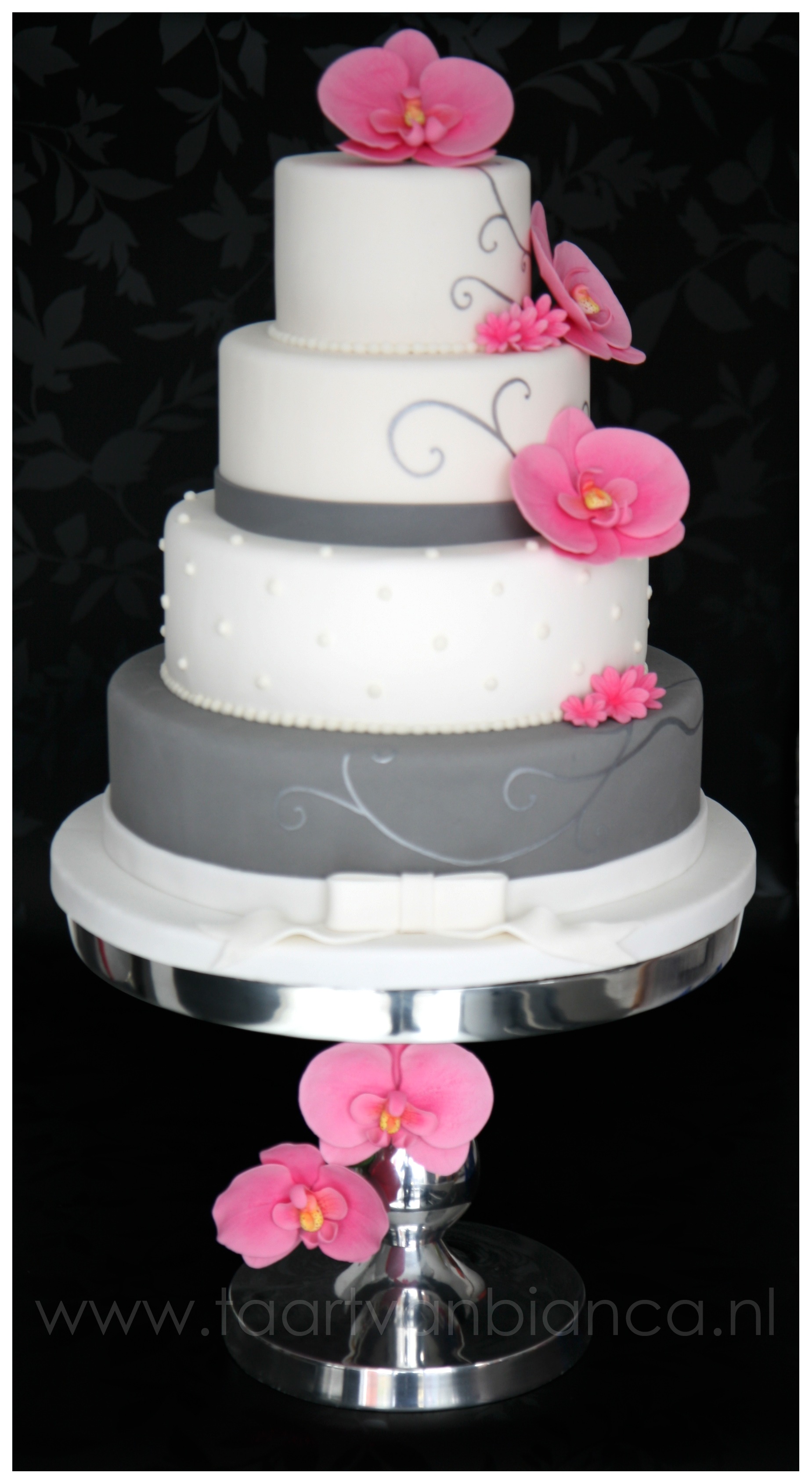 Gray and White Wedding Cake with Pink Flower