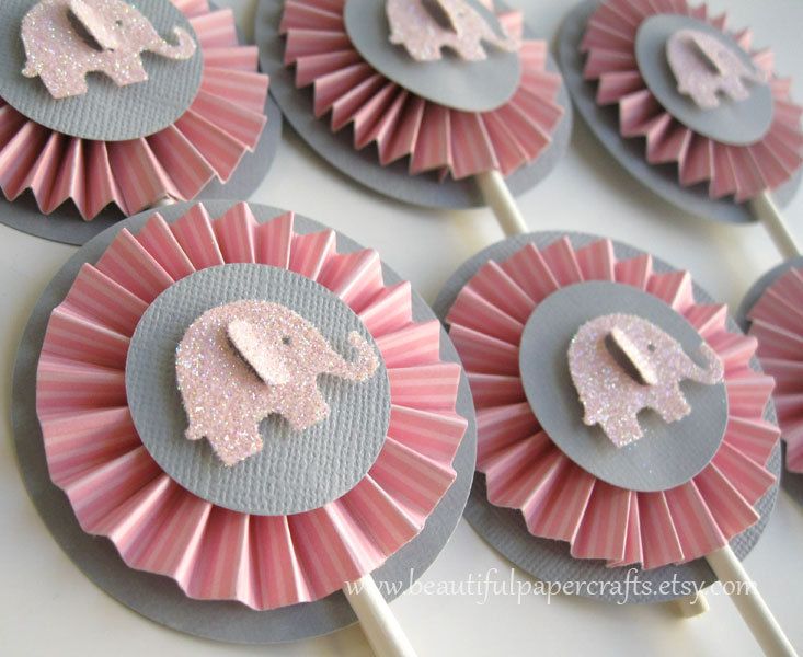 Gray Elephant Cupcake Toppers- Elephant Baby Shower Decorations Pink Chevron