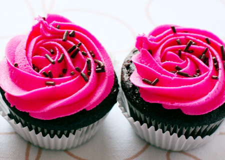 Hot Pink Cupcakes with Chocolate Frosting