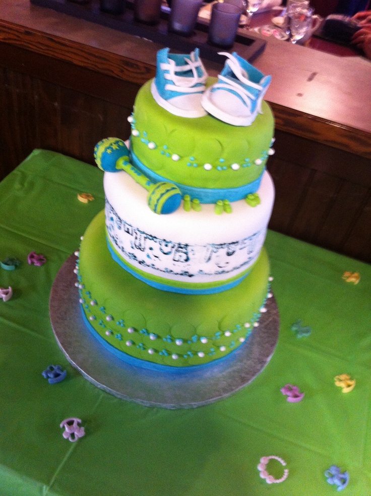 Lime Green and Blue Baby Shower Cake