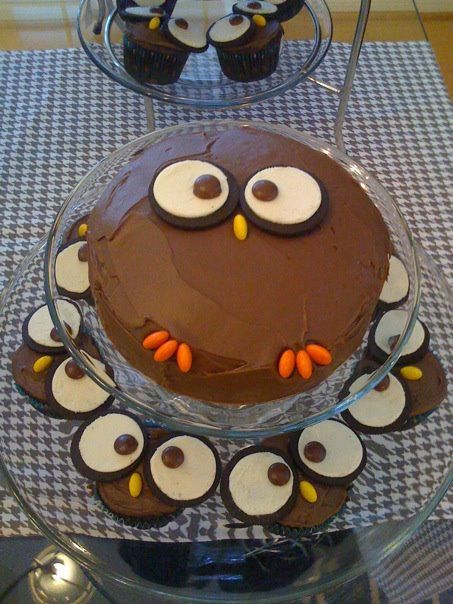 Owl Birthday Cake with Cupcakes