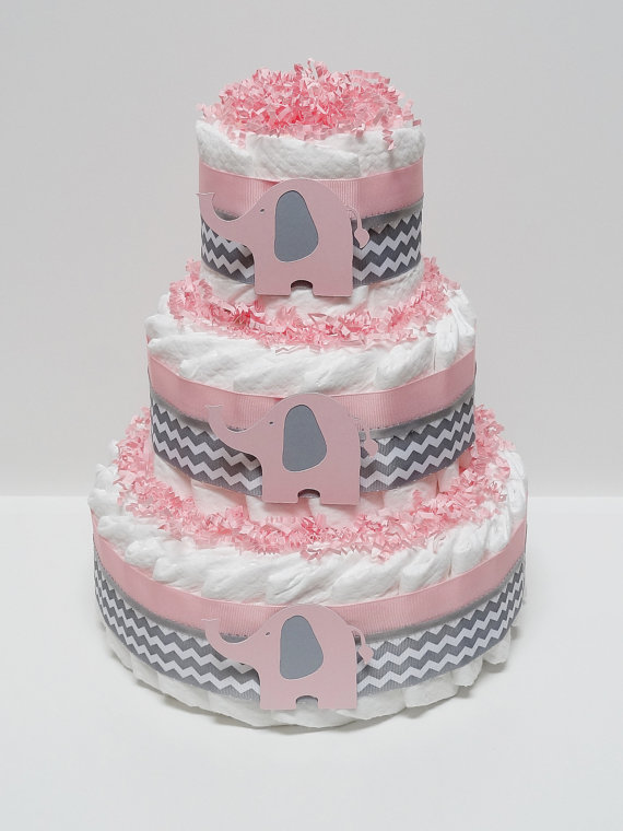 Pink and Gray Elephant Diaper Cake