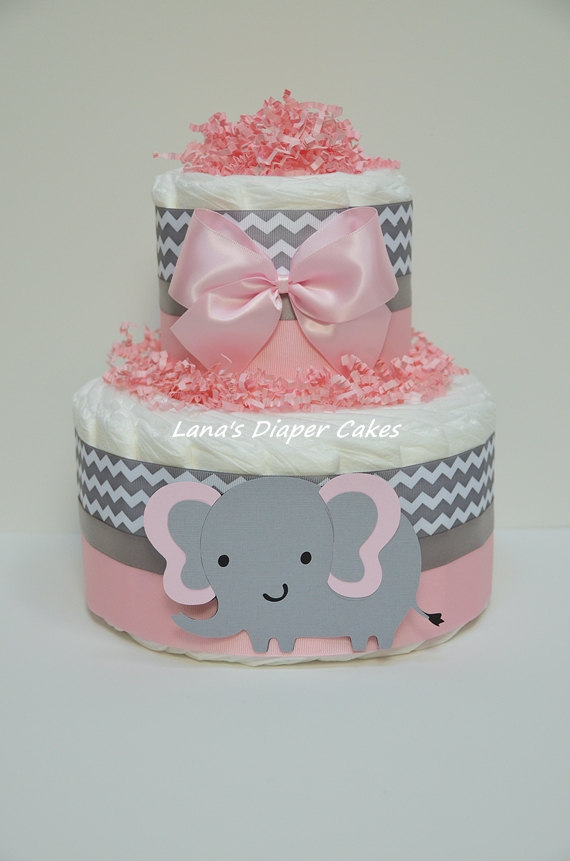 Pink and Gray Elephant Diaper Cake