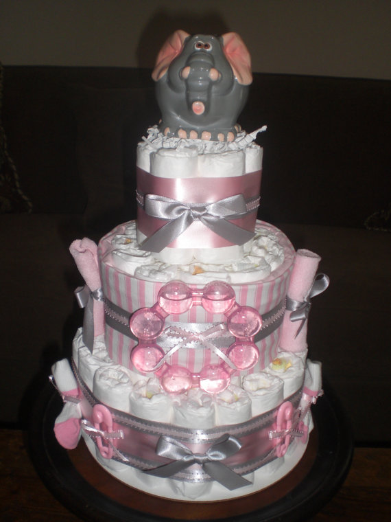 Pink and Grey Elephant Baby Shower Cake