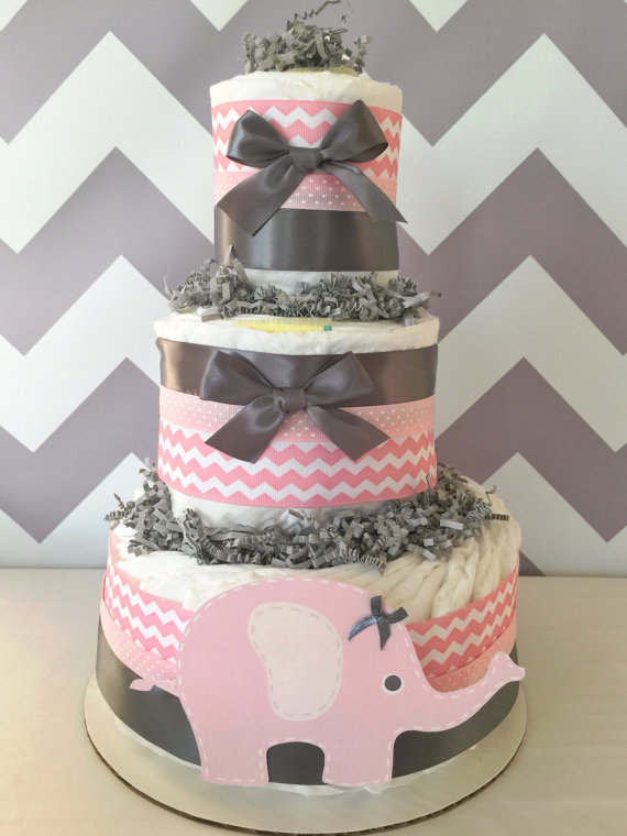 Pink and Grey Elephant Baby Shower Diaper Cake