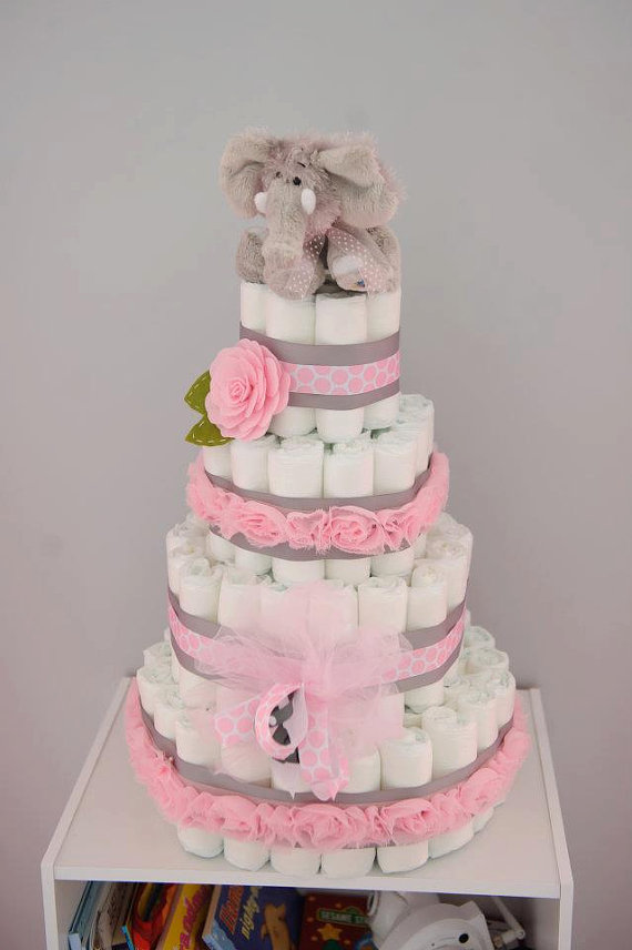 Pink and Grey Elephant Diaper Cake